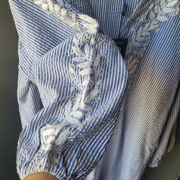 MADISON MATHEWS  Blue White Striped Embroidered Tunic L Cotton 3/4 Sleeves RARE - Picture 3 of 11